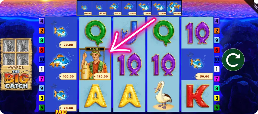 Fishin Frenzy Big Catch Fischer-Wildsymbol während der Freispiele Funktion