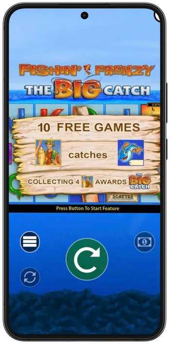 Fishin Frenzy Big Catch Startbildschirm mit 10 Freispielen und Big Catch Bonus
