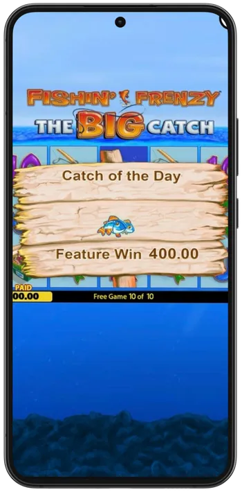 Fishin Frenzy Big Catch Feature Gewinn Bildschirm mit 400 Münzen aus der Freispiele Runde