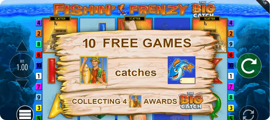Fishin Frenzy Big Catch Re-Spin Feature mit zusätzlichen Freispielen durch das Angler-Wildsymbol